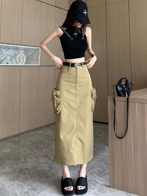 Casual A-Line Mid-Length Solid Color Pocket Cargo Skirts